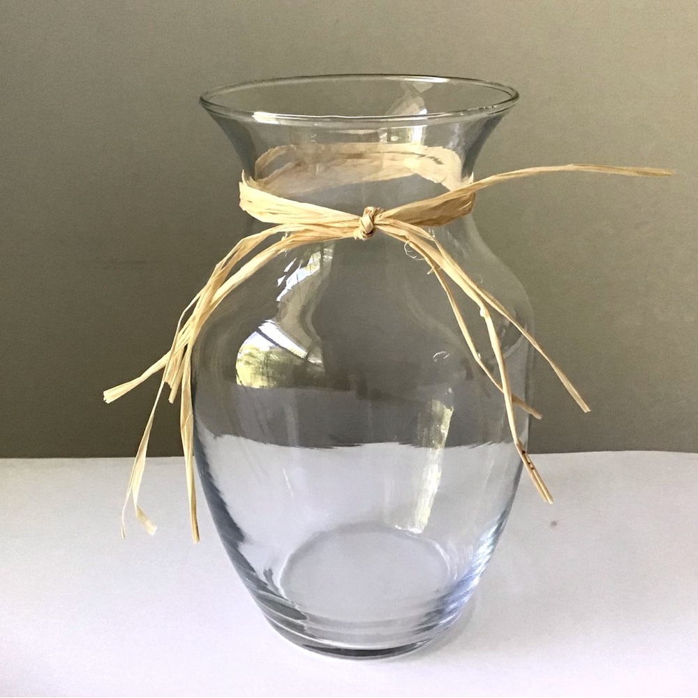 Clear Glass Vase with Natural Raffia Accent 7-3/4” Farmhouse Coastal Minimalist